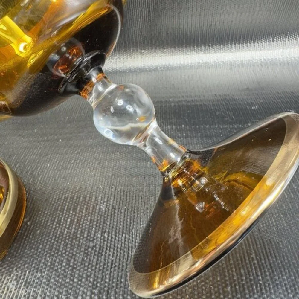 1980s Venetian Art Glass Tall Footed Dish Container Candy Dish Jar Amber Jeweled